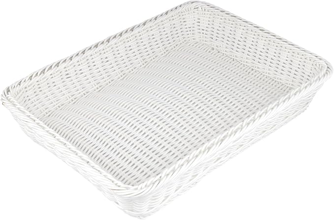 5 Pack Poly Wicker Bread Baskets 15.7x11.8x2.8 Inch, Restaurant-Grade Food Display Trays, Moisture-Resistant for Kitchen Storage/Tabletop Serving/Hotel Buffet (White)