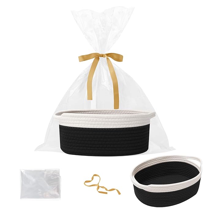 Gift Basket with Gift Bag and Ribbons,Small Rope Woven Shelf Storage,Baskets for Gifts Empty,Birthday,Baby Shower,Decorative Organizer Box with Handles(White&Black)