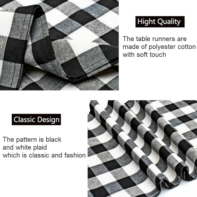 8 Pack Buffalo Check Table Runners Plaid Table Runner for Christmas Dinner, Lumberjack Party, Outdoor or Indoor Gatherings Table Home Decorations (Black & White, 72 inches)