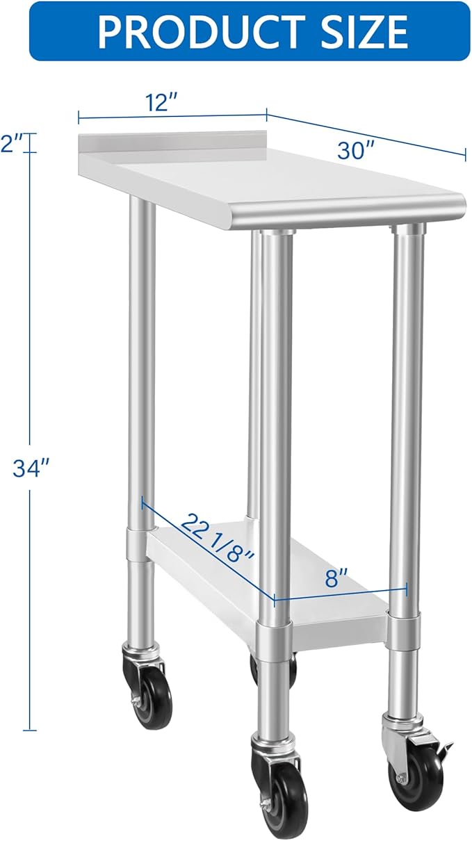 HARDURA Stainless Steel Commercial Work Table with Wheels Prep & Work Metal Table 30×12 Inches Heavy Duty NSF with Casters and 2" Backsplash