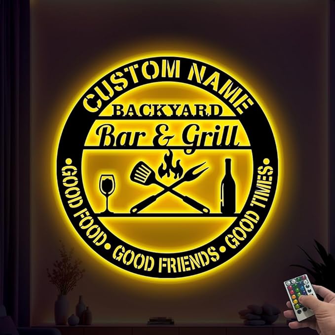 Backyard Bar & Grill LED Sign - Personalized Name Signs with Lights, BBQ Grill Wall Art, Neon Signs For Wall Décor, Bar Sign for Patio, Man Cave, Porch
