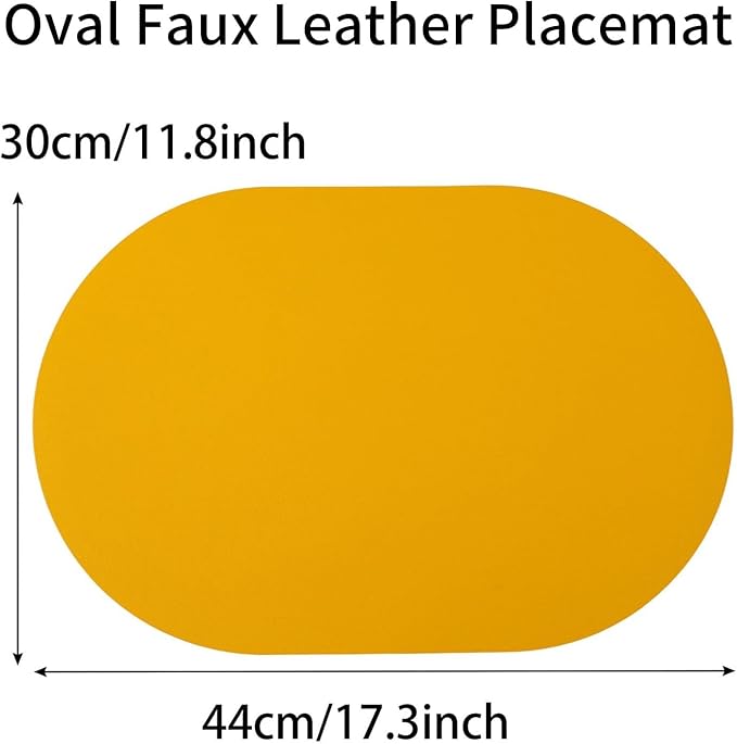 Oval PU Placemats Set of 6,Reversible Faux Leather Placemat for Dining Table,Waterproof Heat Resistant Wipeable Anti Slip Table Mats,Modern Table Protectors(Yellow and Silver)