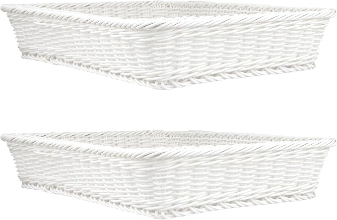 5 Pack Poly Wicker Bread Baskets 15.7x11.8x2.8 Inch, Restaurant-Grade Food Display Trays, Moisture-Resistant for Kitchen Storage/Tabletop Serving/Hotel Buffet (White)