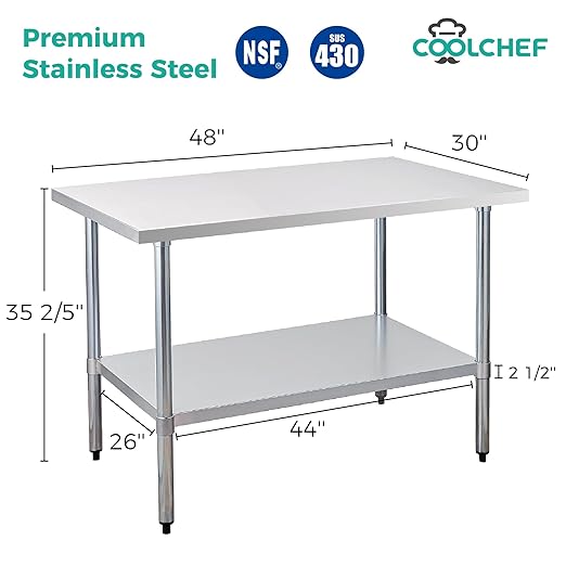 Stainless Steel Work Table 30 x 48 Inch, NSF Commercial Prep Table with Undershelf, Heavy Duty Food Prep Workstation