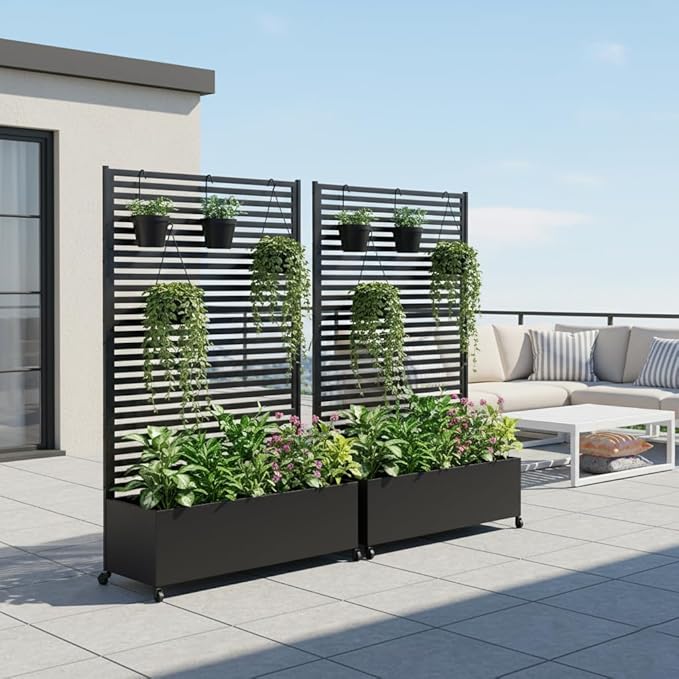 Metal Planter Box with Trellis Privacy Screen, Raised Garden Bed with Trellis & Wheels, Privacy Planters for Patio, Planter Box with Drainage Holes for Climbing Plants, Flower, 73"x 47"x 16", Black