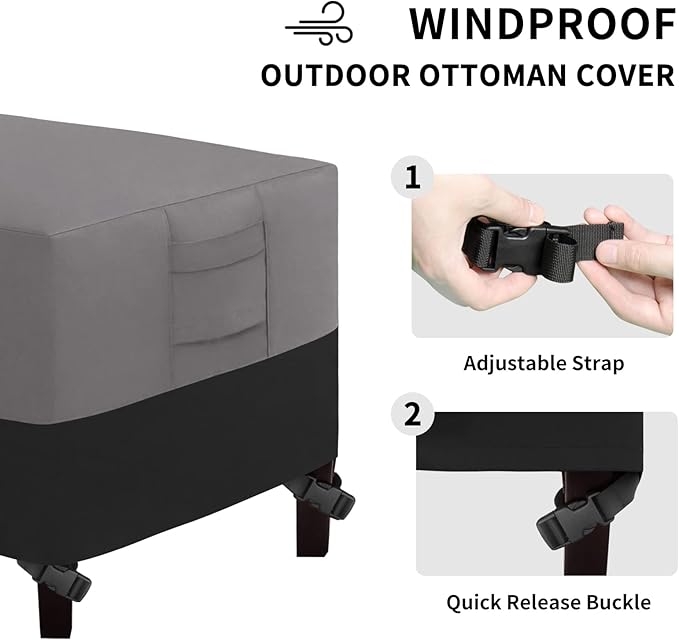 Easy-Going Outdoor Ottoman Cover, Waterproof Patio Ottoman Cover, Heavy Duty Outdoor Furniture Cover with Padded Handles (2 Pack-25"x25"x17", Gray/Black)