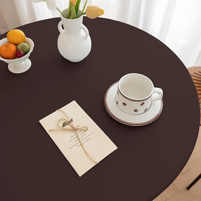 Round Fitted PU Tablecloth with High Elastic Edge 59 Inch Dia Waterproof Oil Proof Table Cloth Anti-Scald Stain-Resistant Wipeable Table Cover for Indoor Outdoor Picnic (Coffee,59" Dia)