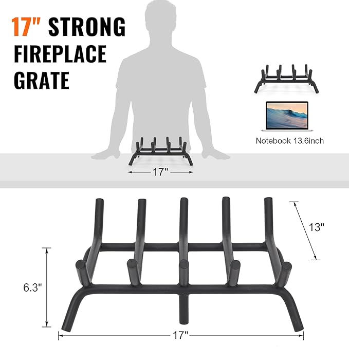 Fireplace Grate 17 inch - Fireplace Log Grates Heavy Duty Solid Round Steel | Log Grate for Fireplace No Assembly Required, Burning Wood Stove Grate for Indoor Chimney Hearth, Outdoor Camping