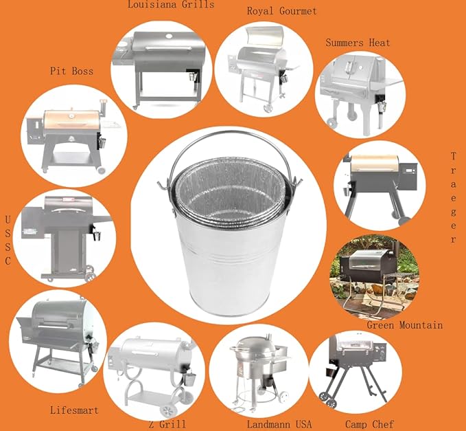 Firsgrill Grease Bucket and Liners Replacement for Traeger, Z Grill, Green Mountain Pellet Wood Smoker (1, Silver Bucket)