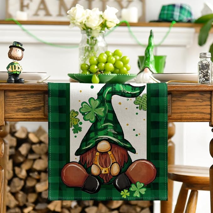 Artoid Mode Shamrock Buffalo Plaid Gnomes Lucky St. Patrick's Day Table Runner, Kitchen Dining Table Decor for Outdoor Home Party Decor 13 x 60 Inch
