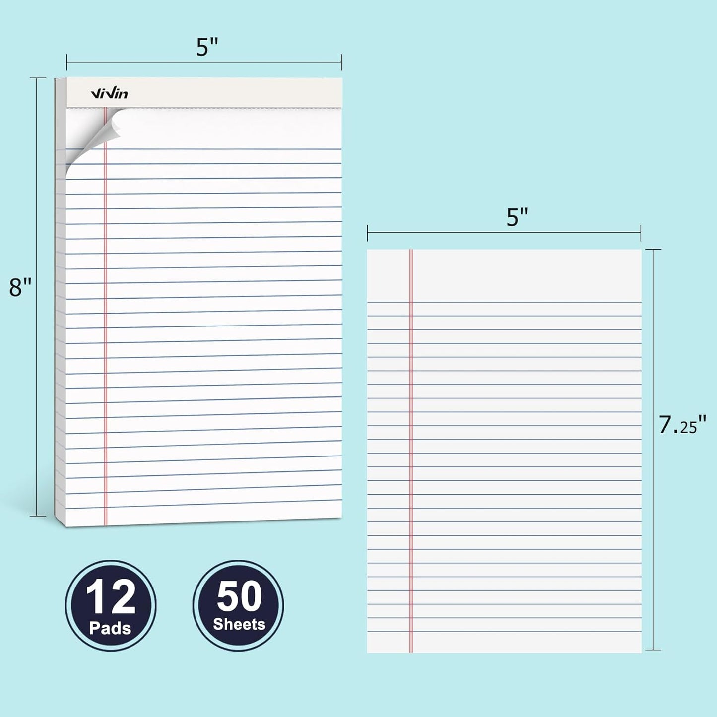 ViVin 5 x 8 Inch Legal Pads, 12 Pack, Narrow Ruled, 50 Sheets Per Writing Pad, Perforated Note Pads Ideal for Home, Office, Business, 600 Sheets, White Paper