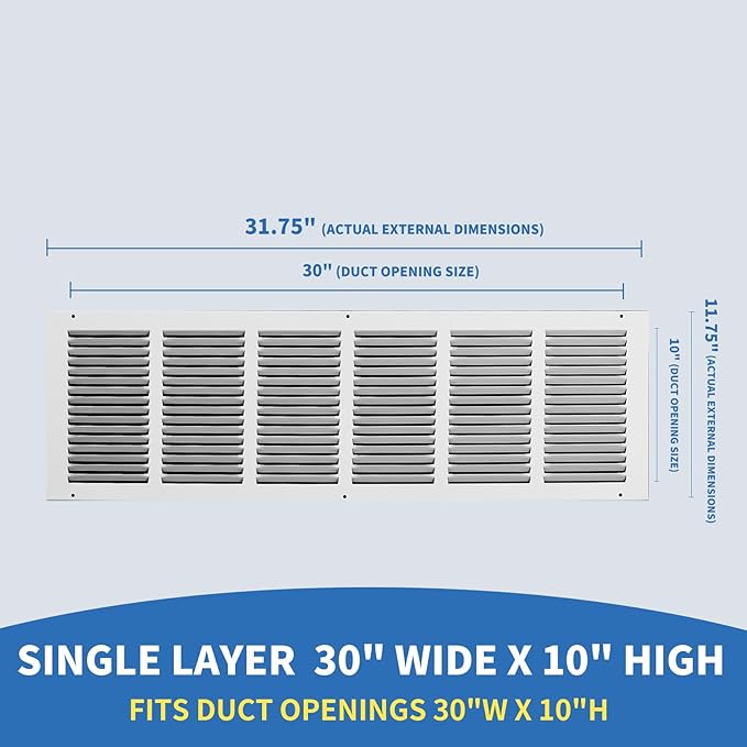 30x10 Return Air Grille (Duct Opening Size), Air Return Vent Cover, AC Vent Cover, Cold Air Return Vent Cover, Flat Return Air Grilles, Outer Dimensions:31.75"W x 11.75"H (30"Wx10"H, Duct Opening)