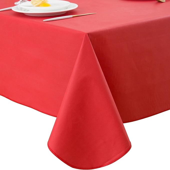 LIBERECOO Vinyl Tablecloth with Flannel Backing, Solid Red, Waterproof, Stain-Resistant, Easy-Clean Table Cover for Holiday, Dining, Kitchen, and Outdoor Use, 60" x 102" Rectangle