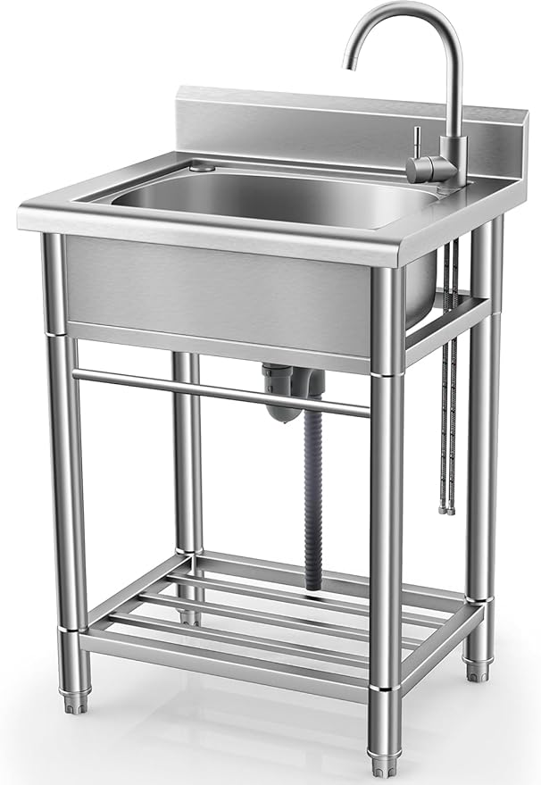 Utility Sink Free Standing Single Bowl Kitchen Sink with Cold and Hot Water Pipe Stainless Steel Sink for Laundry Room Bathroom Farmhouse
