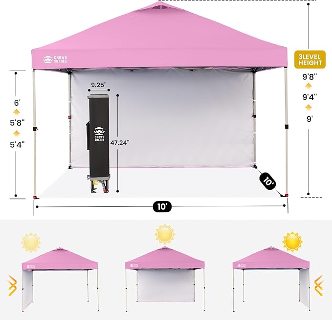 CROWN SHADES Canopy Tent, 10 x 10 Foot Portable Pop Up Outdoor Shelter with 1 Sidewall, Easy 1 Push Center Lock, UV Protection, and Carry Bag, Pink