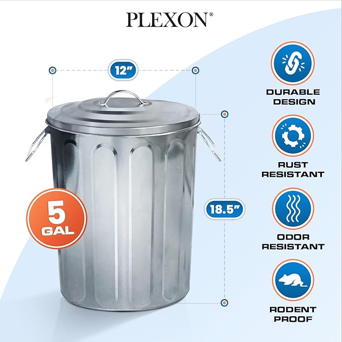 Plexon 5 Gallon Small Metal Trash Can with Lid Outdoor Galvanized Bucket with Lid 5 Gal Fireplace Ash Bucket for Wood Stove Storage Can for Dog Food Bird Seed Storage Container Rodent Pet Proof 2 Pack