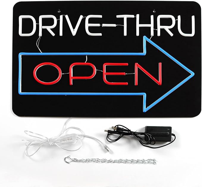 JFLLamp Large Drive Thru Open Neon Signs for Wall Decor Neon Lights for Bedroom Led Signs Suitable for Drive Thru Open Office Man Cave Bar Christmas 12V Power Adapter, 23.2*15Inch(Red + Blue+ White)