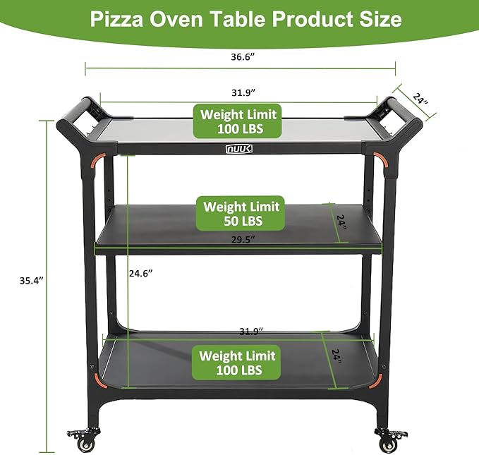 NUUK Outdoor Pizza Oven Table with Three-Shelf 24" x 32" Grill Cart Stainless Steel Rolling Prep Table with Solid Steel Frame, Outdoor Cooking Station Dining Bar Table