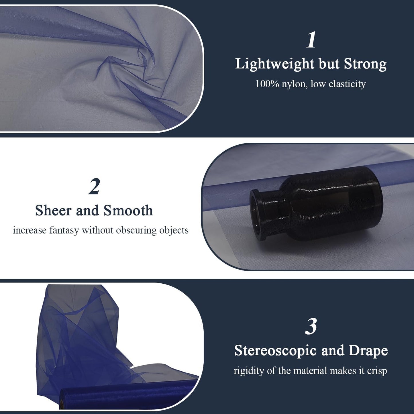 Organza Tulle Fabric Rolls, Crystal Organza 12" by 50 Yards (150 ft) Sheer Nylon Silky Shiny Netting Spool Bolt for DIY Craft Table Runner Wedding Baby Shower Party Decor (Navy Blue)