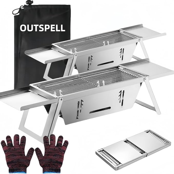 Small Protable Charcoal Grill Outdoor: BBQ MINI Foldable Carbon Griller for camping (2 pack)
