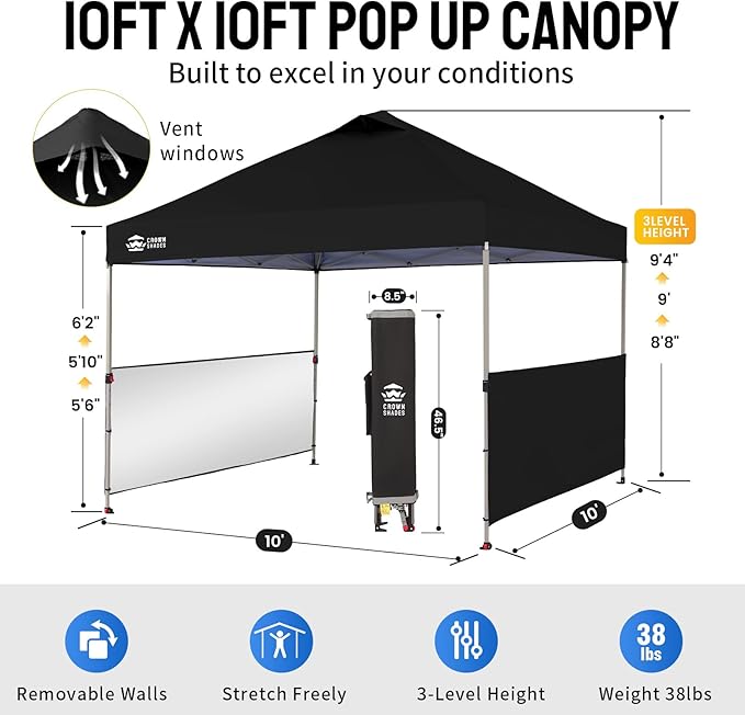 CROWN SHADES 10x10 Pop up Canopy Tent Instant Canopy with 150D Silver Coated Fabric Including 2 Half Sidewalls, 4 Ropes, 8 Stakes, 4 Weight Bags, STO 'N Go Bag, Black