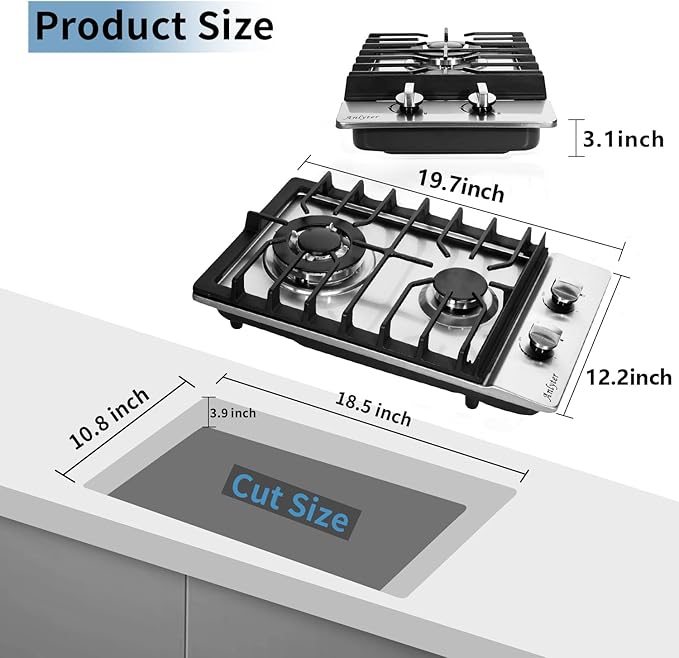 12 Inch Gas Cooktop, 2 Burners Built-in Gas Stovetop Stainless Steel Gas Stove Top Propane/Natural Gas Convertible Sealed Gas Cooktop for RVs, Apartments, Outdoor