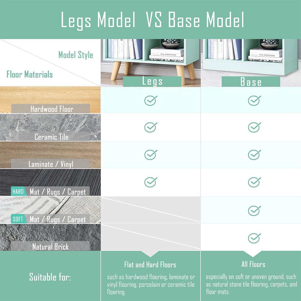 IOTXY Wooden Open Shelf Bookcase - 3-Tier Floorstanding Display Cabinet Rack with Legs, 5 Cubes Free Standing Bookshelf, Tiffany-Green