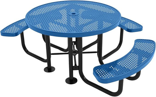 COATEDOUTDOORFURNITURE Heavy-Duty Portable Outdoor Picnic Table with Umbrella Hole, Punched Steel Patio Dining Furniture Made in America (46" Round Top, Textured Light Blue)