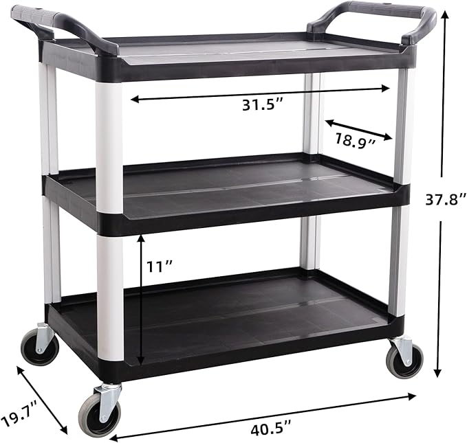 Matthew Plastic Large Utility Carts with Wheels,Heavy Duty 400lbs Capacity Rolling Service Cart,3-Tier Restaurant Food Cart with Hammer for Office,Warehouse,Garage - 2 Handles Black 41"H x 38"W x 20"D