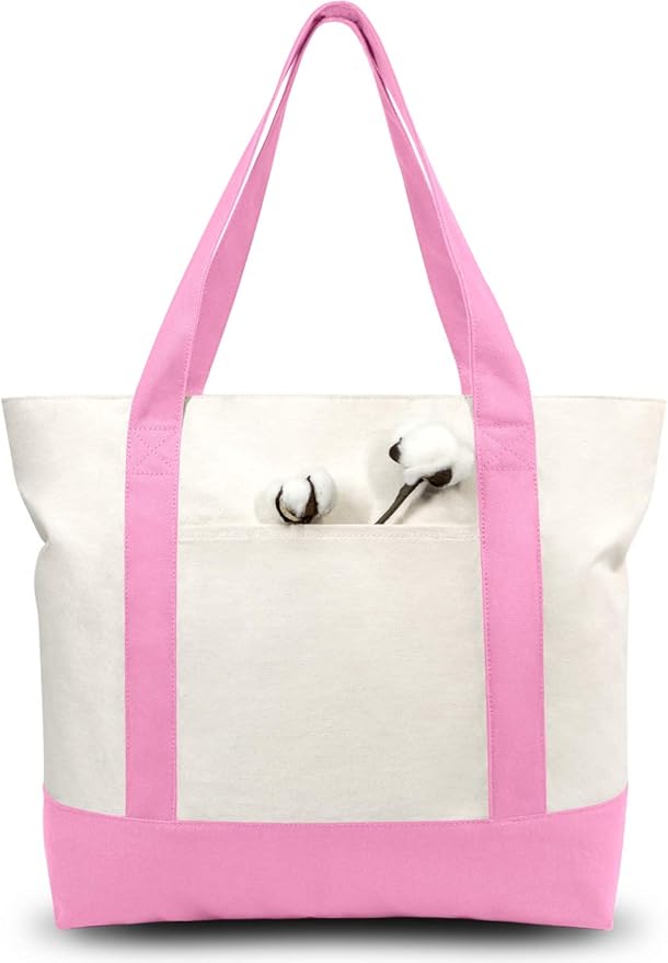 TOPDesign 6-Pack Canvas Tote Bags with an External Pocket, Reusable Grocery Shopping Bags, Top Zipper Closure, Daily Essentials (Pink/Natural)