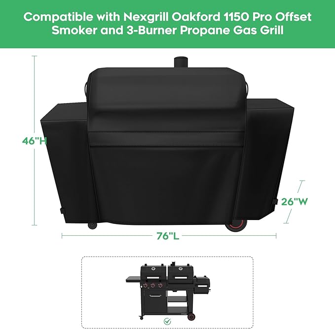 Heavy-Duty 600D Grill Cover fit for Nexgrill Oakford 1150 Pro Offset Smoker and 3-Burner Propane Gas Grill, Nexgrill Oakford 1150 Pro Grill Model 810-0072 Cover