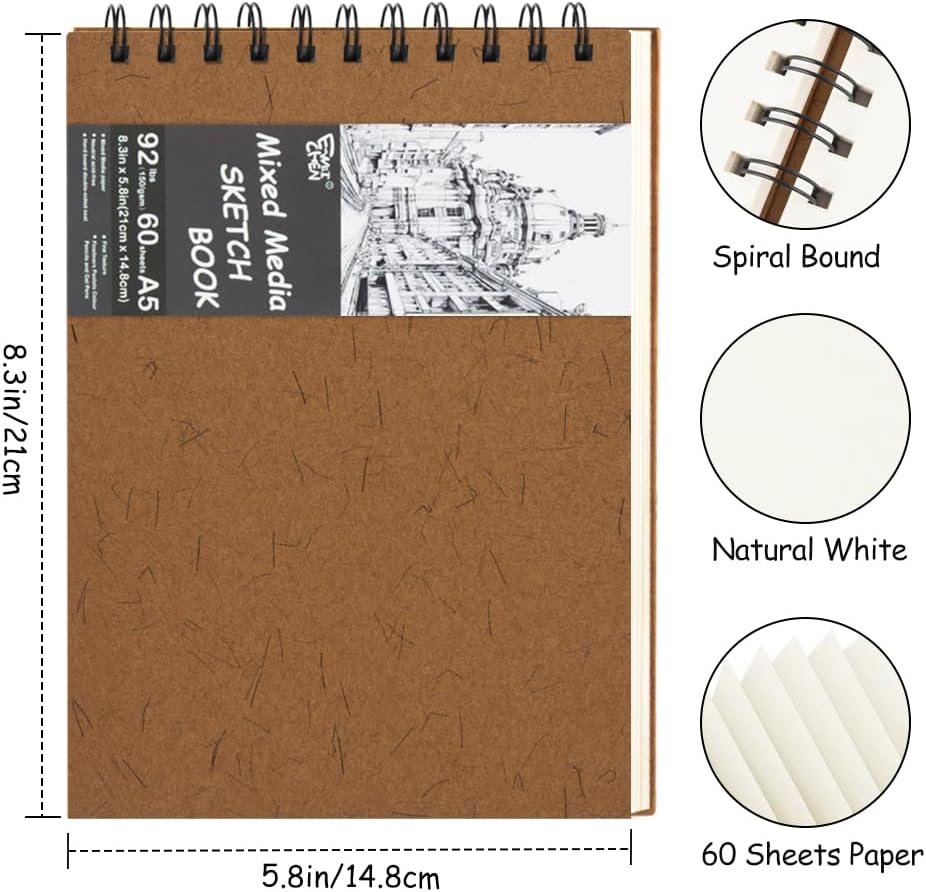 8.3x5.8 Sketch Book, Top Spiral Bound Sketch Pad, 60sheets 92lb/150gsm Nature White Paper, Acid-Free Mixed Media Paper for Painting, Dawing & Art Supplies.N-Coffee