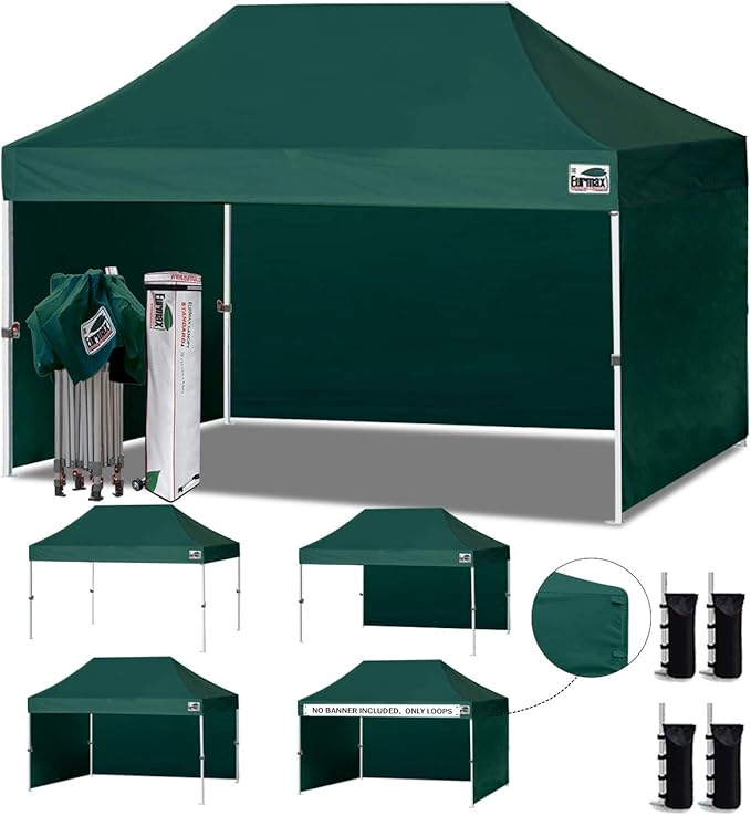 Eurmax USA 10'x15' Pop-up Canopy Tent Commercial Instant Canopies with 4 Removable Zipper End Side Walls and Roller Bag, Bonus 4 SandBags(Forest Green)