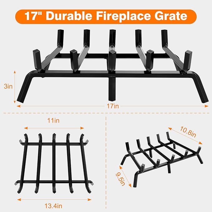 FEED GARDEN Small Fireplace Grate 17 inch Heavy Duty Fireplace Log Holder, 1/2" Solid Steel Bar Fire Pit Grate for Indoor Outdoor, Wood Stove Fireplace Accessories Wrought Iron Firewood Burning Rack