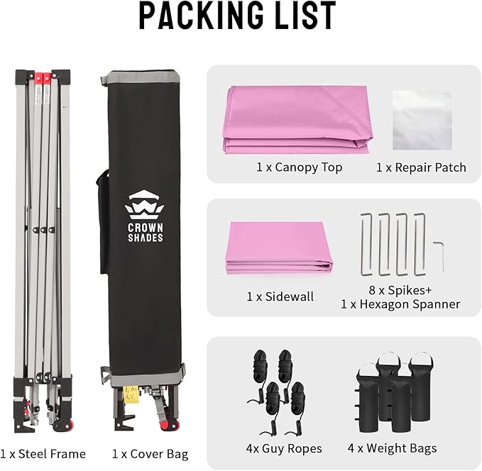CROWN SHADES Canopy Tent, 10 x 10 Foot Portable Pop Up Outdoor Shelter with 1 Sidewall, Easy 1 Push Center Lock, UV Protection, and Carry Bag, Pink
