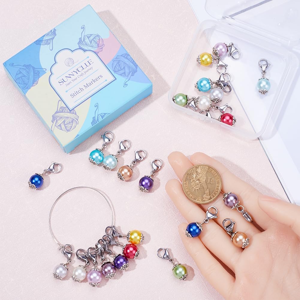 SUNNYCLUE 1 Box 24Pcs Locking Stitch Marker Knitting Markers Charms Glass Pearl Locking Stitch Markers Lobster Claw Clasps Knitting Charms for Knitting Weaving Sewing Needleworks Women Adult DIY Craft
