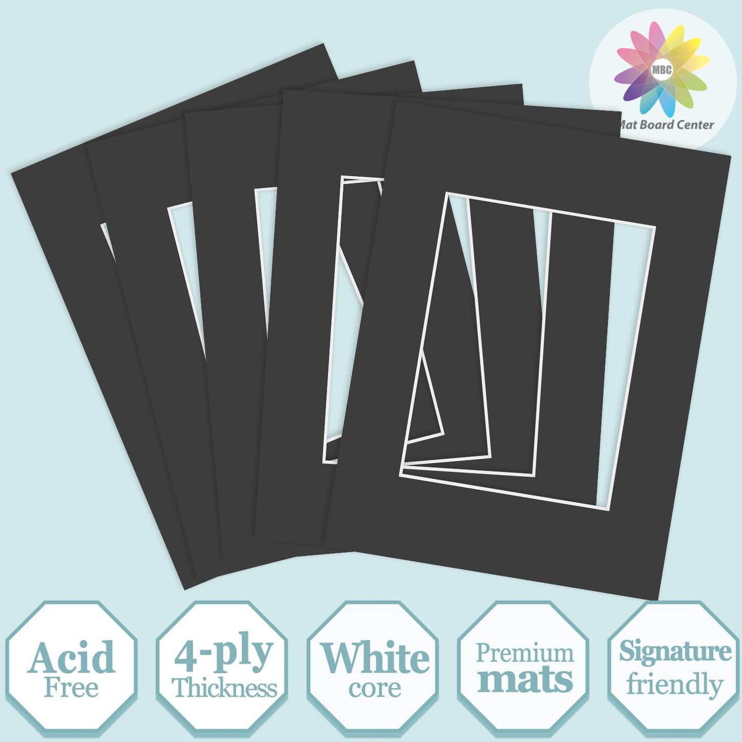 MBC Mat Board Center, 5 Pack 9X12 for 6X8 Black Picture Mats Frame Mattes, Bevel Cut, Acid Free, 4-Ply Thickness