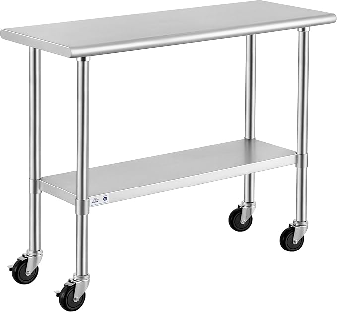 ROCKPOINT Stainless Steel Table for Prep & Work with Caster Wheels 18x48 Inches, NSF Metal Commercial Kitchen Heavy Duty Table with Adjustable Under Shelf and Table Foot for Restaurant, Home and Hotel