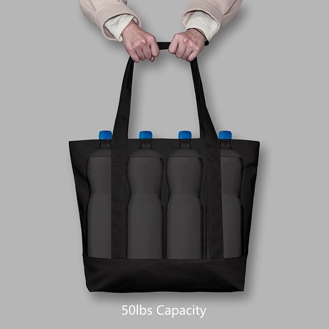 TOPDesign 3-Pack Canvas Tote Bags with an External Pocket, Reusable Grocery Shopping Bags, Top Zipper Closure, Daily Essentials (Black)