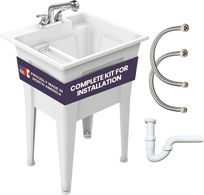 Freestanding Utility Sink with Two Handle Chrome Faucet - 24" Plastic Utility Sink for Garage, Laundry, Indoor and Oudoor Use - Laundry Tub Kit by Noah William Home - White (19.5 gal)