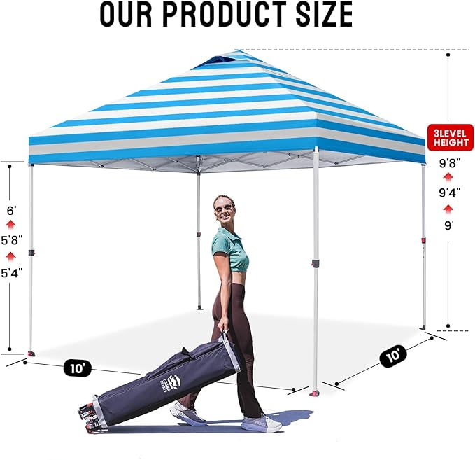CROWN SHADES 10x10 Pop Up Canopy - Beach Tent with One Push Setup - Outdoor Sun Shade for Events, Parties, Camping - STO-N-Go Cover Bag, Silver Coated Top, 3 Height& 4 Sand Bags, Sky Blue Stripes