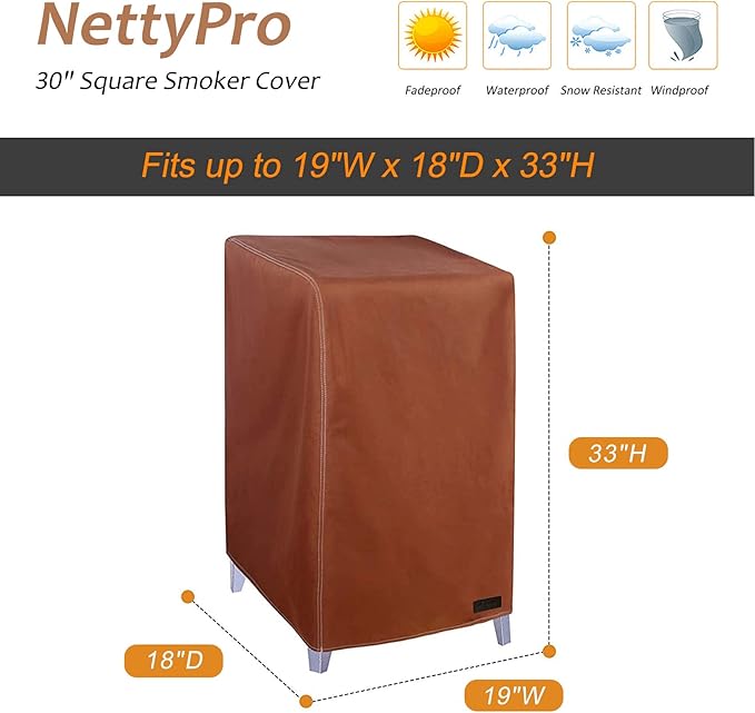 NetttyPro Smoker Cover for Outside Electric Masterbuilt Smoker 30 inch, Outdoor Waterproof Heavy Duty Square Vertical Small Grill Cover, 19" W x 18" D x 33" H, Brown