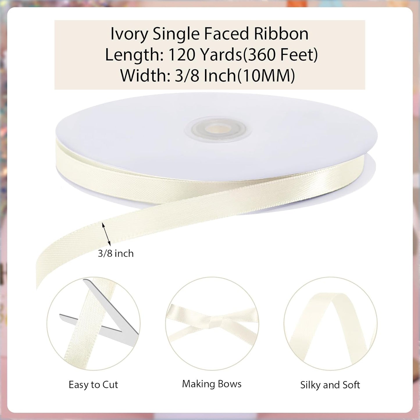 120 Yards Cream Ribbon 3/8 Inch Ivory Satin Ribbon Thin Ribbons for Gift Wrapping Cake Wedding Invitation Bride Bracelet Hair Bows Christmas Crafts Gift Bags Balloons String