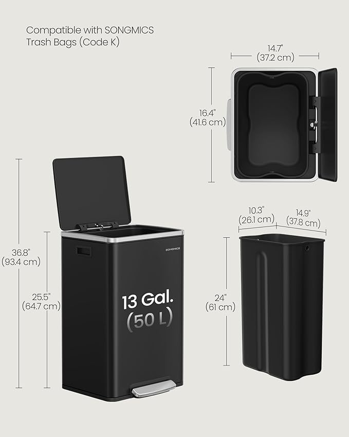 SONGMICS Trash Can, 13-Gallon Gabbage Can, with 15 Trash Bags, Steel, with Soft-Close Lid, Removable Inner Bucket, Handles, Ink Black ULTB595B01V1
