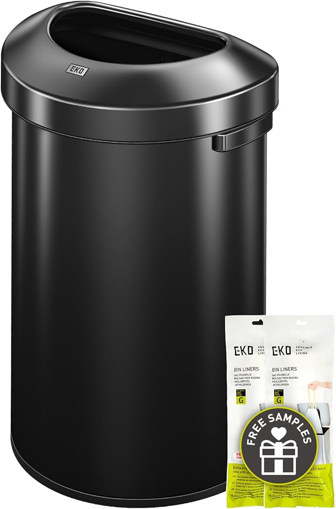 EKO Urban 16 Gallon Semi-Round Open Top Waste Bin, Stainless Steel Half Round Commercial Trash Can for Indoor and Outdoor, Extra Large Garbage Bin for Home, Office, Restaurant, 60L, Matte Black