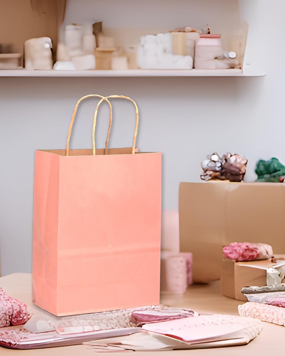 qiqee 32-Packs Bright Pink Paper Gift Bags with Handles Bulk 7.6"x4.75"x10.5" Medium Size Gift Bags Multiple Uses