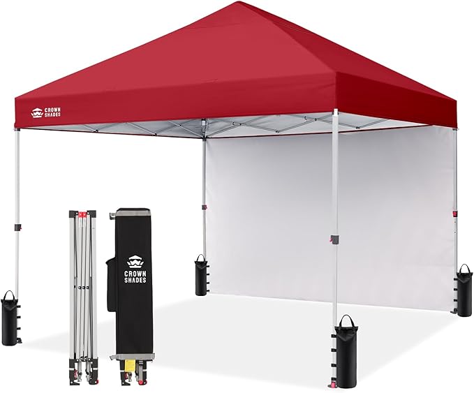 CROWN SHADES 8x8 Pop Up Canopy with 1 Side Wall - Beach Tent with One Push Setup - Outdoor Sun Shade for Events, Parties, Camping - Gazebo with STO-N-Go Cover Bag (Red)