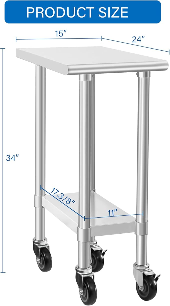HARDURA Stainless Steel Commercial Table Prep & Work Table with Casters Heavy Duty Metal Table with Wheels NSF 430 24×15 Inches