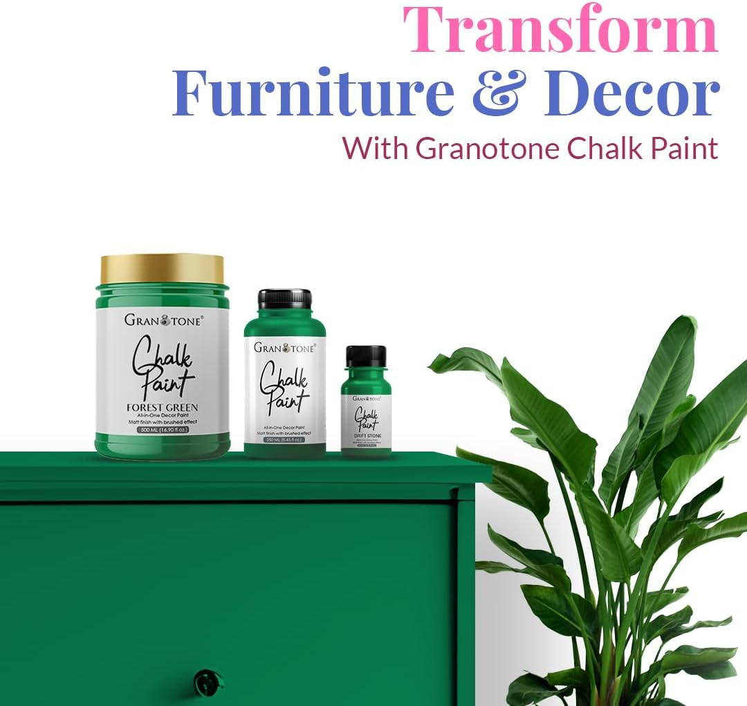 GRANOTONE Chalk Paint for Furniture, Matt-Finish Water-Based Acrylic Paint for Wood, Walls, Metal, Glass, Paper, Fabric Canvas, Maximum Coverage Chalk Paint for Kids & Adults, 250 Ml (FOREST GREEN)