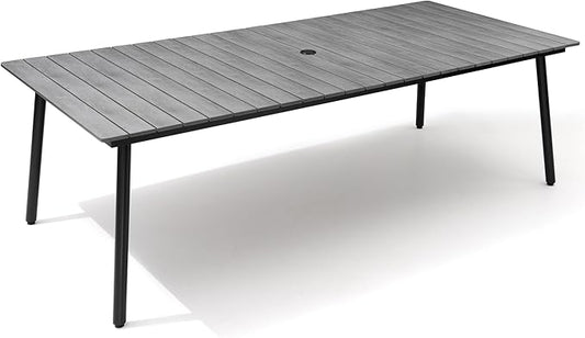 95" Patio Outdoor Dining Table for 8-10, Weather-Resistant Aluminum Frame with Wood-Grain Top & Umbrella Hole for Deck Gatherings, Grey